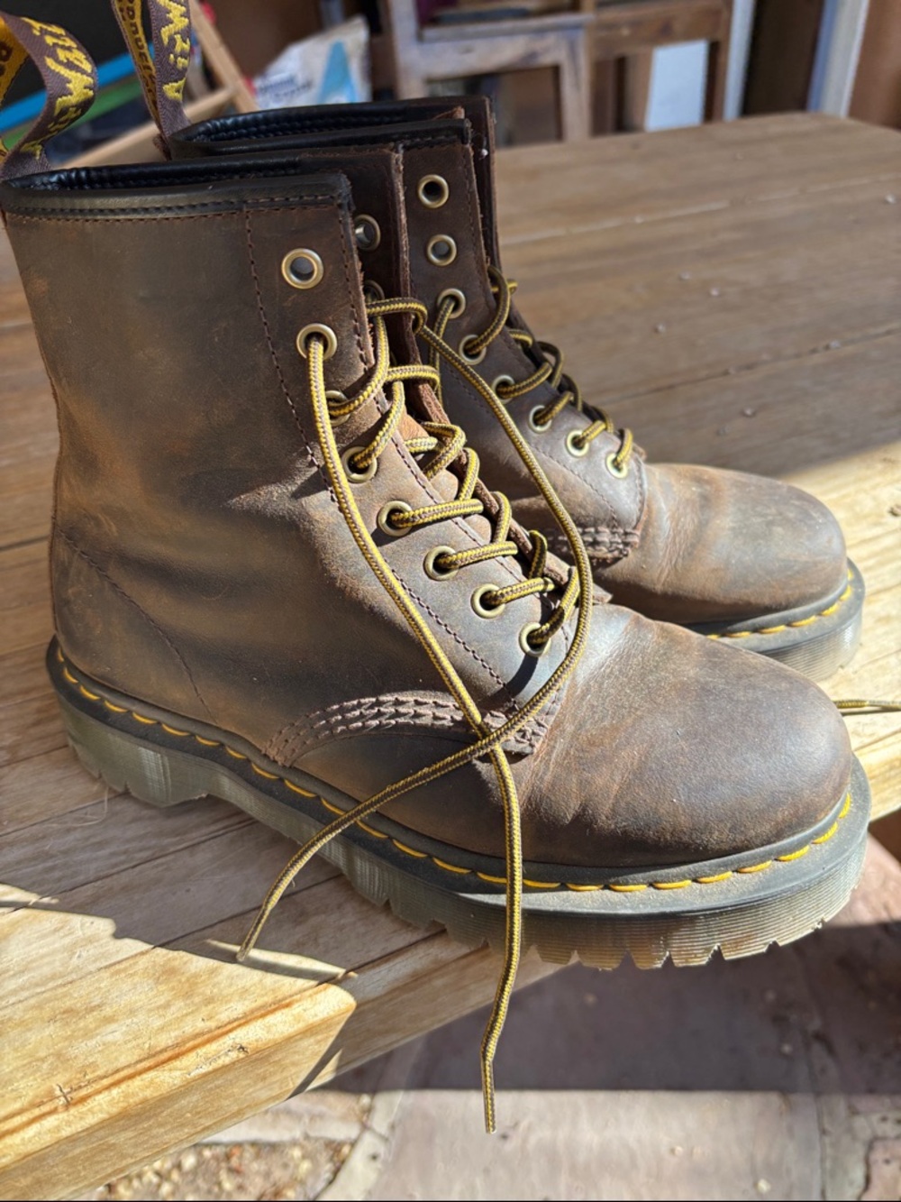 Dr. Martens Brown Leather Boots with Yellow Accents